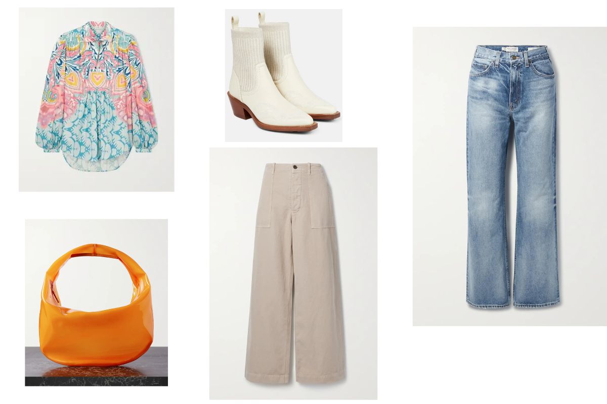 stivali bianchi abbinamenti: camicia multicolore, stivaletti texani, birsa arancione, jeans e pantaloni écru