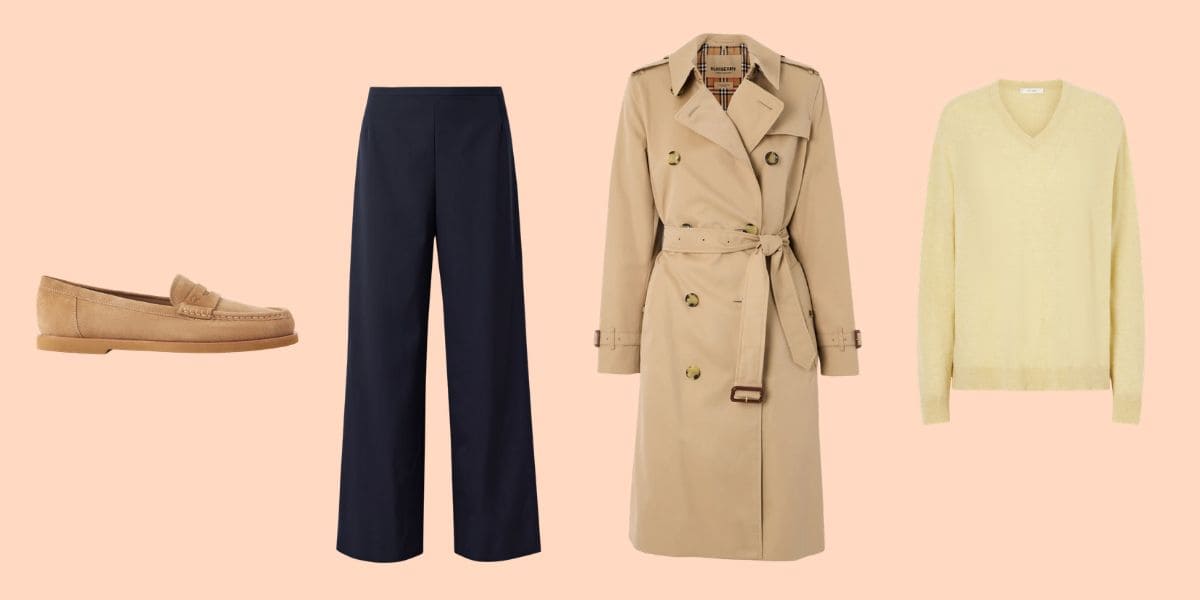 casual chic con trench pantaloni e maglia giallo chiaro