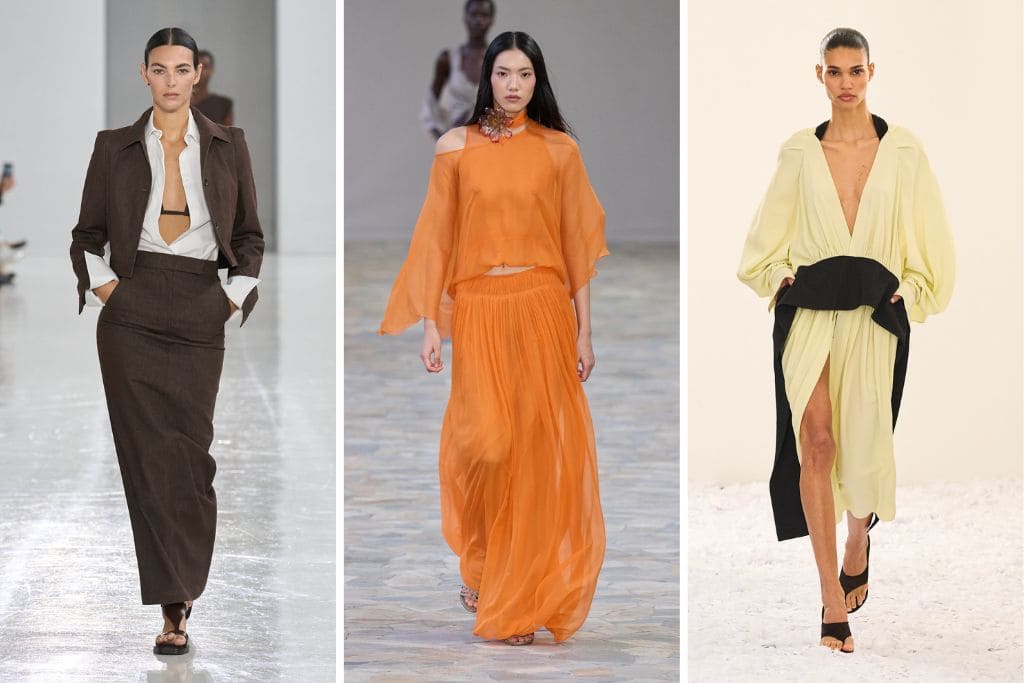 colori moda primavera estate 2025: tailleur marrone, vestito lungo arancio, vestito midi giallo burro