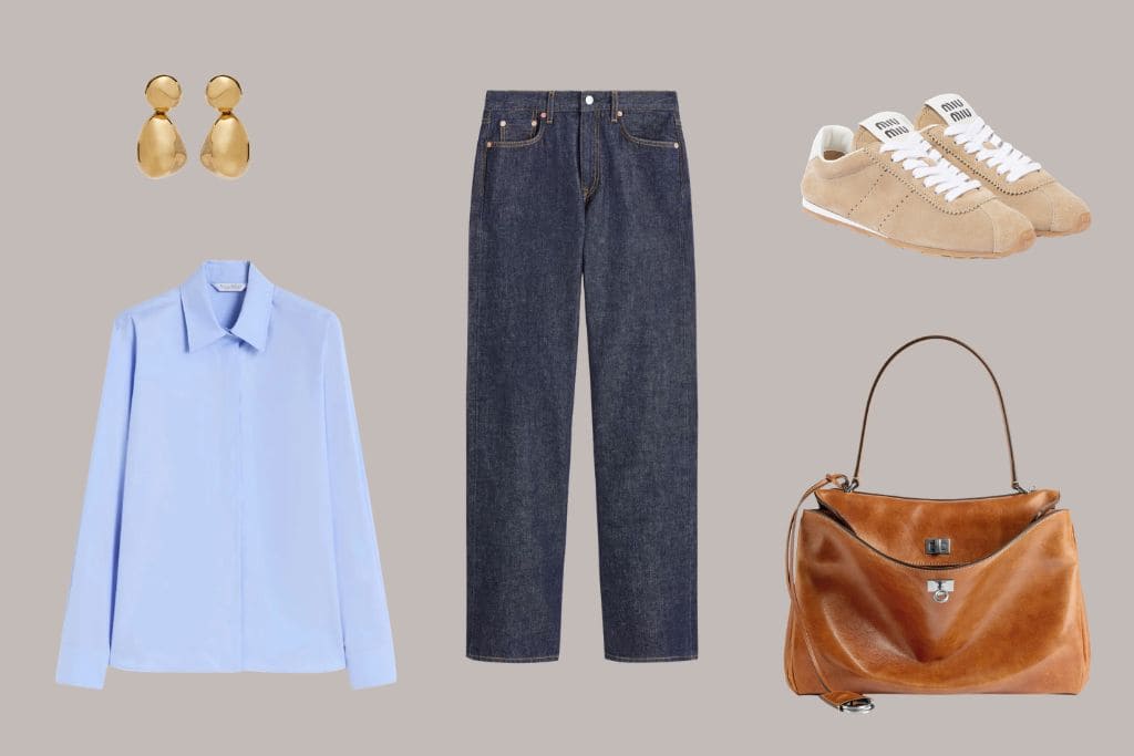 Come essere eleganti anche con jeans e camicia: 7 dettagli 3 come essere eleganti con abbigliamento semplice: jeans camicia celeste, borsa morbida, sneakers, orecchini dorati