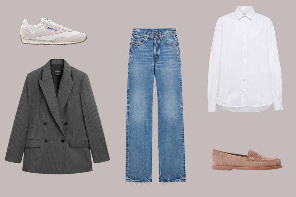 come essere eleganti con i jeans, blazer, camicia bianca, sneakers