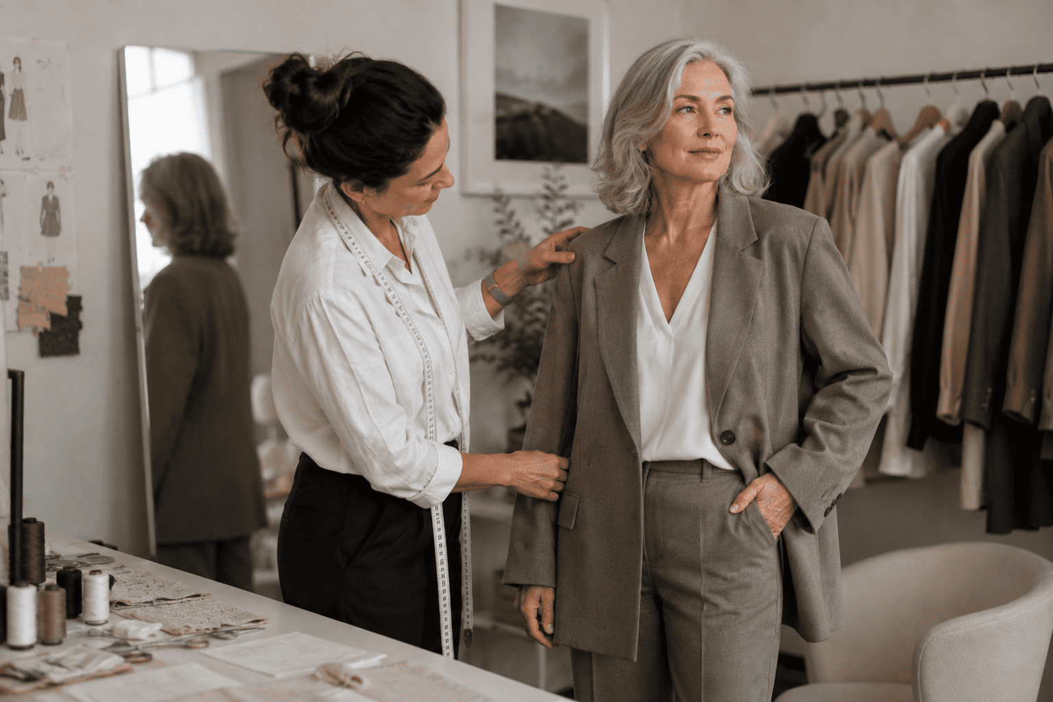 come vestire bene: presta attenzione alle lunghezze. Sarta che controlla lunghezze e volumi dell'outfit