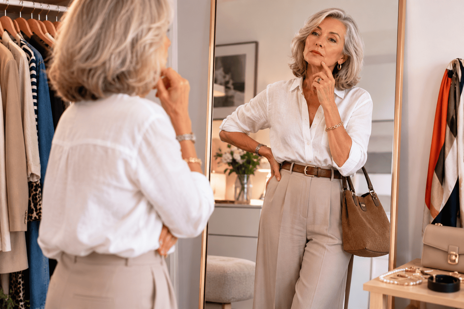 Come vestirsi bene: perché su di lei funziona e su di te no? 1 come vestirsi bene osservare insieme - donna che analizza il suo outfit davanti allo specchio