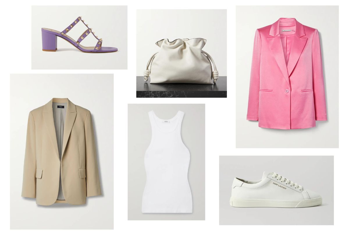 sandali rosa, borsa a mano, giacca rosa, sneakers, canotta bianca, giacca écru da abbinare a gonna con paillettes