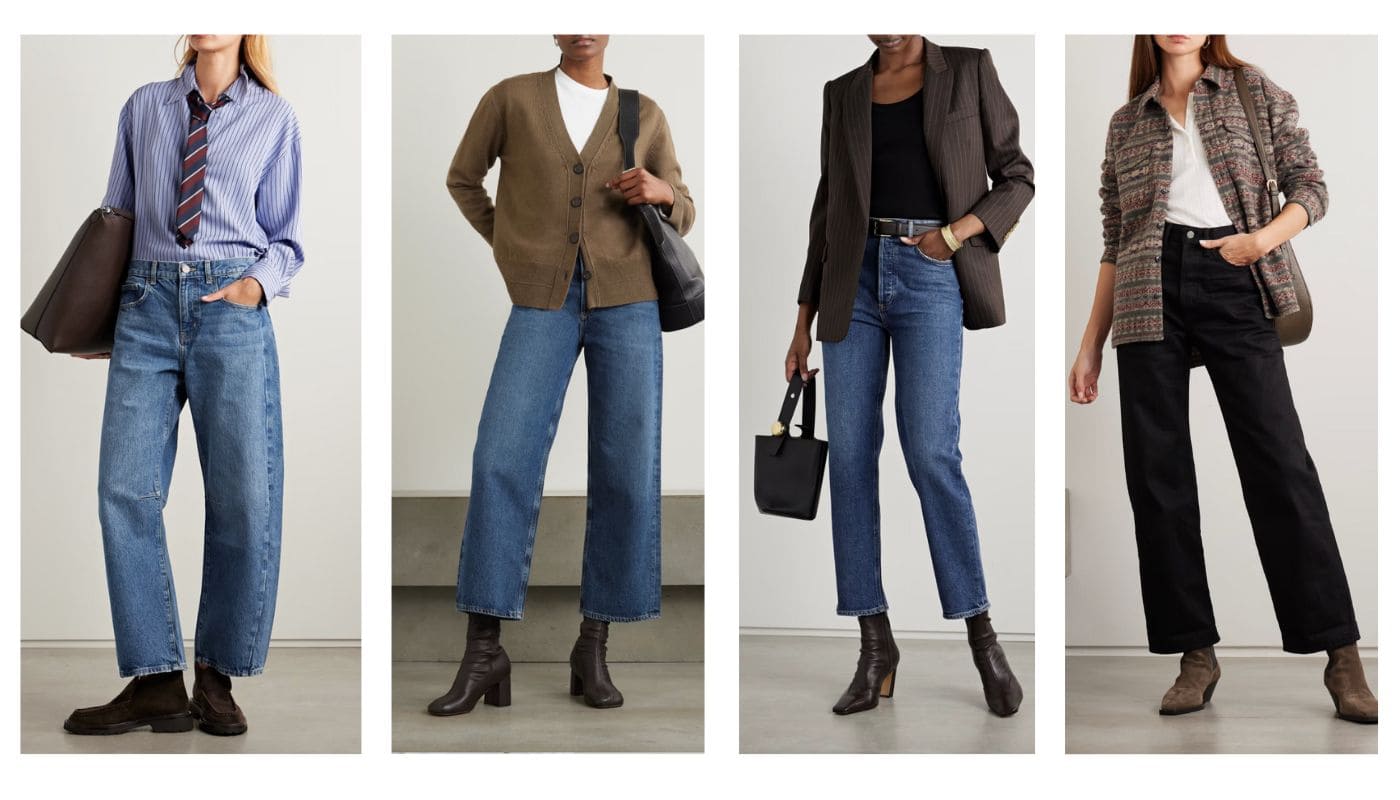 Jeans per donne 2025: modelli cropped, straight e bootcut abbinati a camicie, cardigan e blazer con stivali in pelle per look casual chic