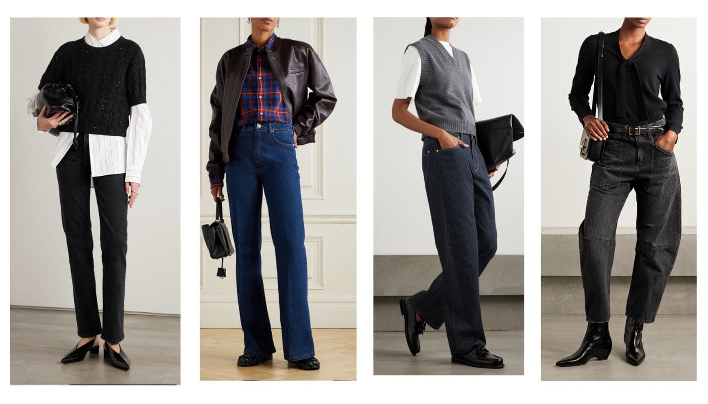 Jeans per donne 2025: modelli dritti, bootcut e barrel abbinati a giacche in pelle, maglie e mocassini per look eleganti e contemporanei