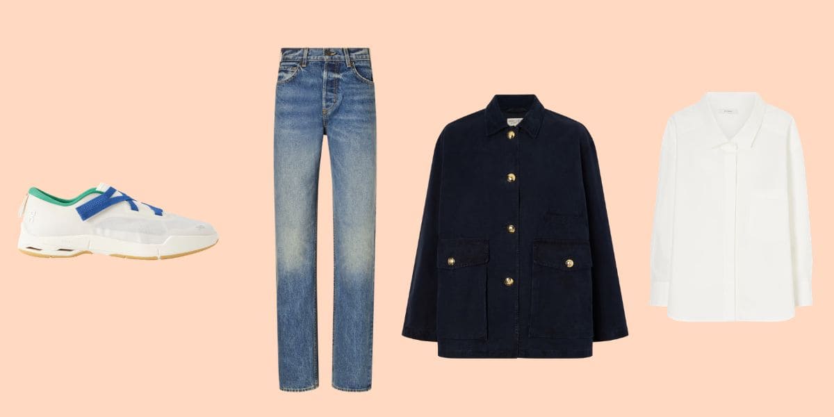 look casual chic jeans camicia bianca, sn Lakers e blazer con bottoni dorati