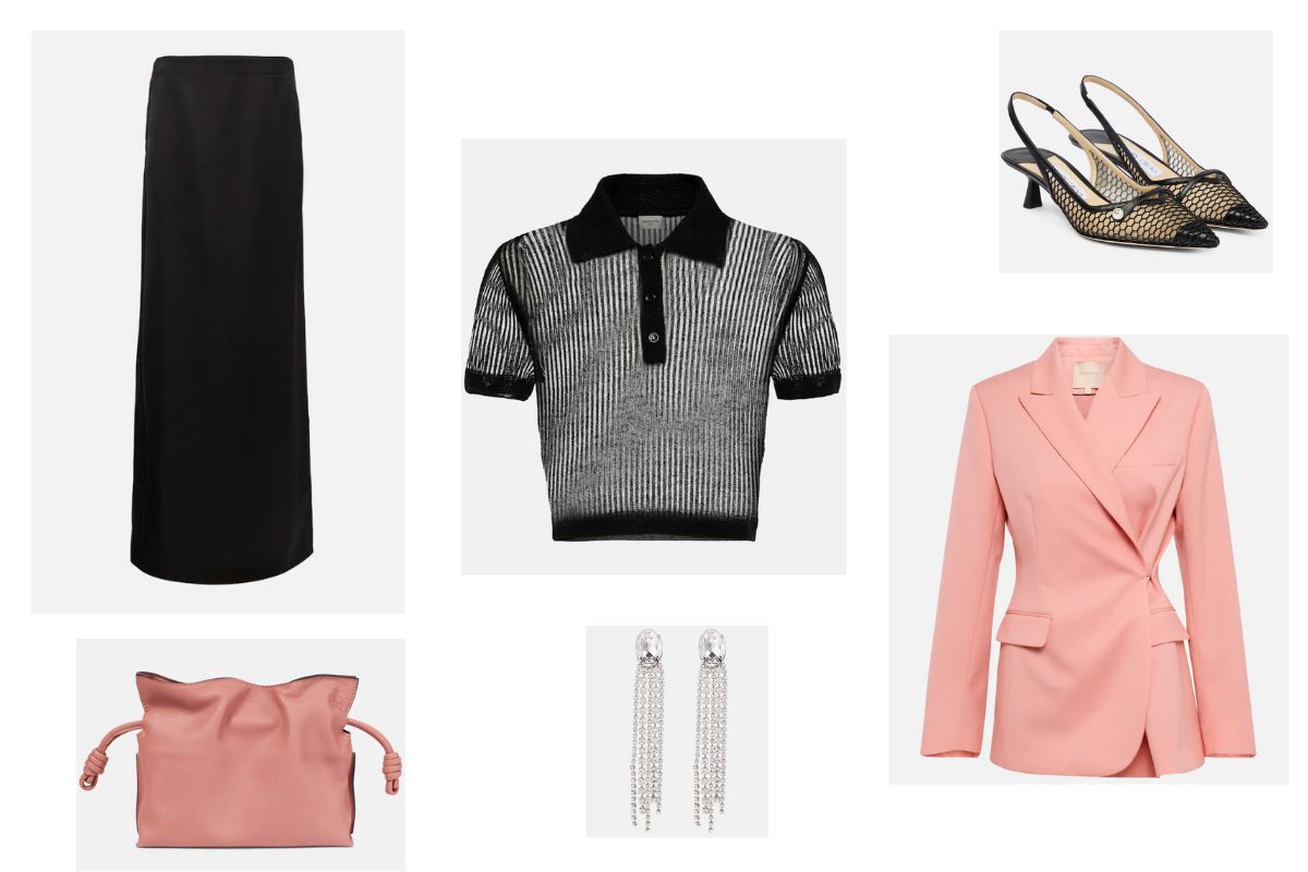 maglia polo trasparente con gonna lunga nera e giacca rosa, clutch rosa e orecchini con cristalli.