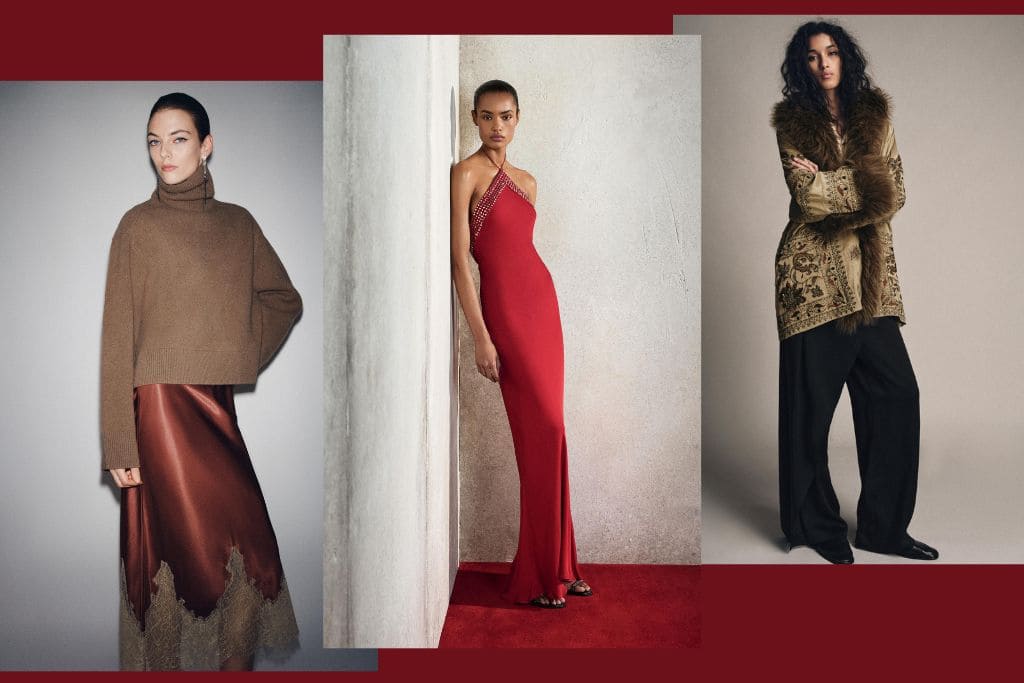 outfit natalizi zara: gonna con raso e pizzo e maglione, vestito lungo rosso, kimono ricamato con bordo di pelliccia