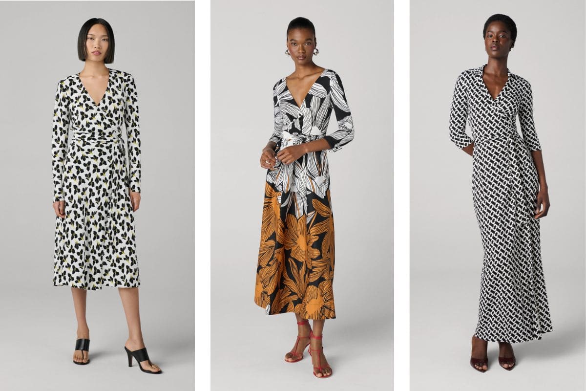 tre modelli di wrap dress di Diane Von Furstenberg